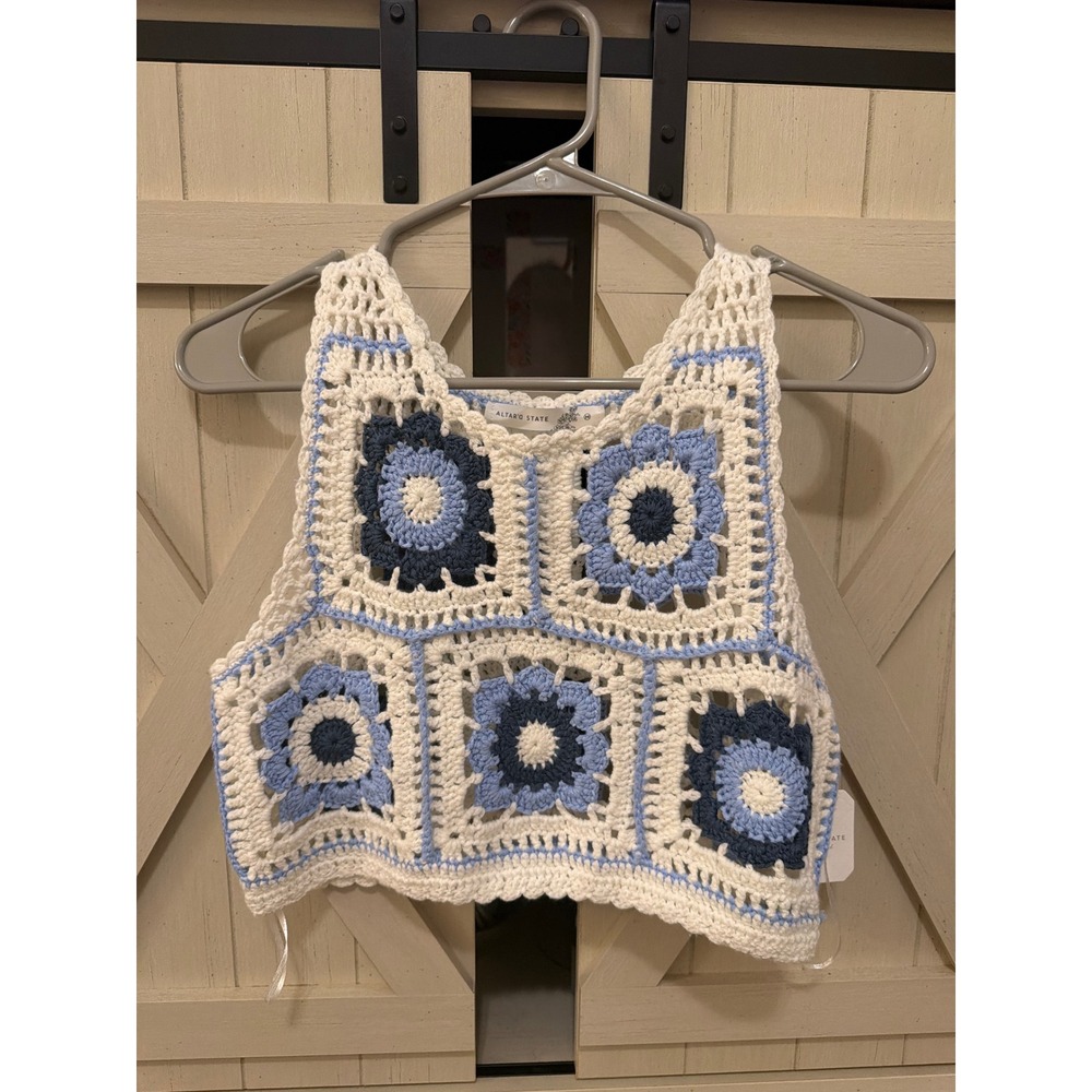 Altar'd State Crochet Granny Square Tank Top Ivory Blue Boho Crop W9878 Medium